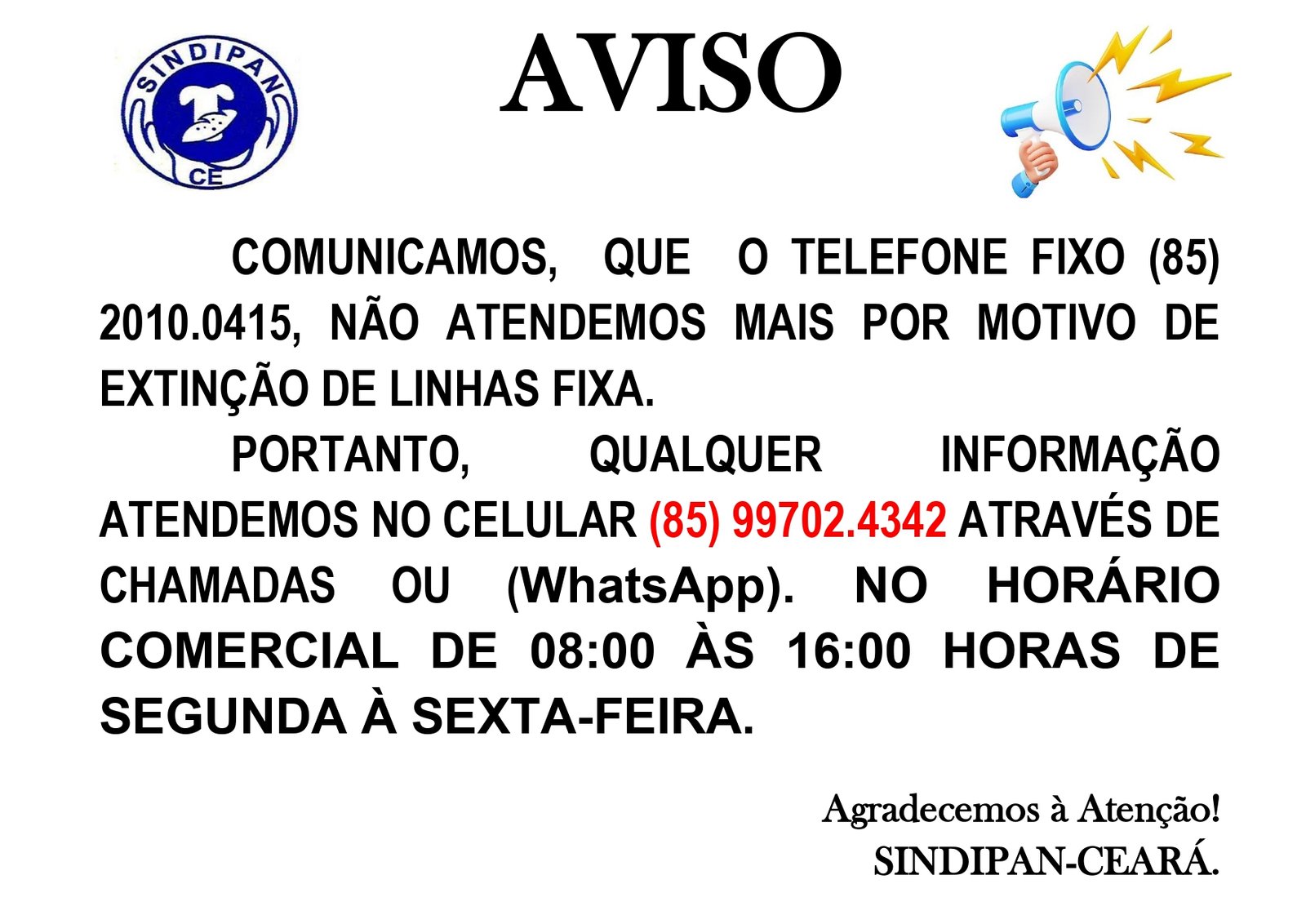 Comunicado mudança de telefone Julho de 2026
